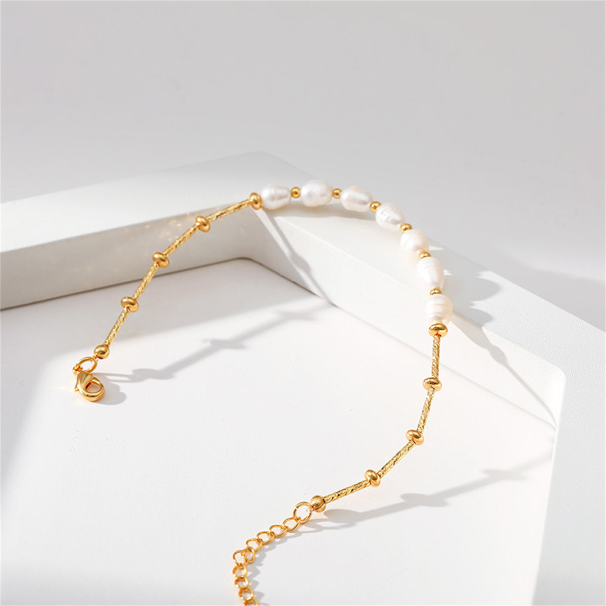 Pearl and 18K Gold-Plated Half Bar-Chain Station Bracelet, gold bracelet for women, vintage-inspired design, side view