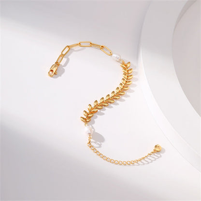 Pearl and 18K Gold-Plated Wheat Chain Bracelet, gold bracelet for women, vintage-inspired design, styled look