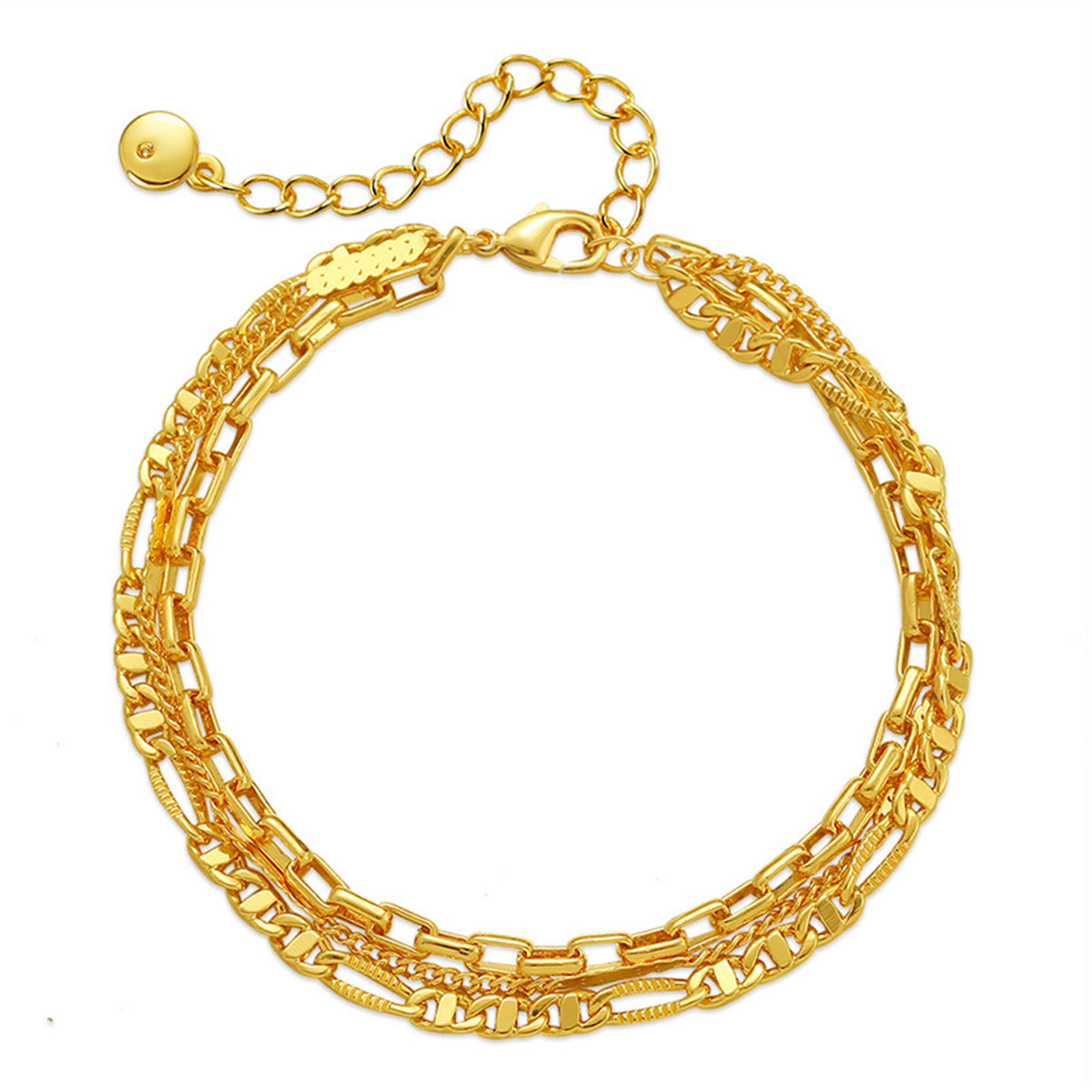 A gold chain bracelet featuring a clasp and two links, elegantly designed in 18K gold plating.