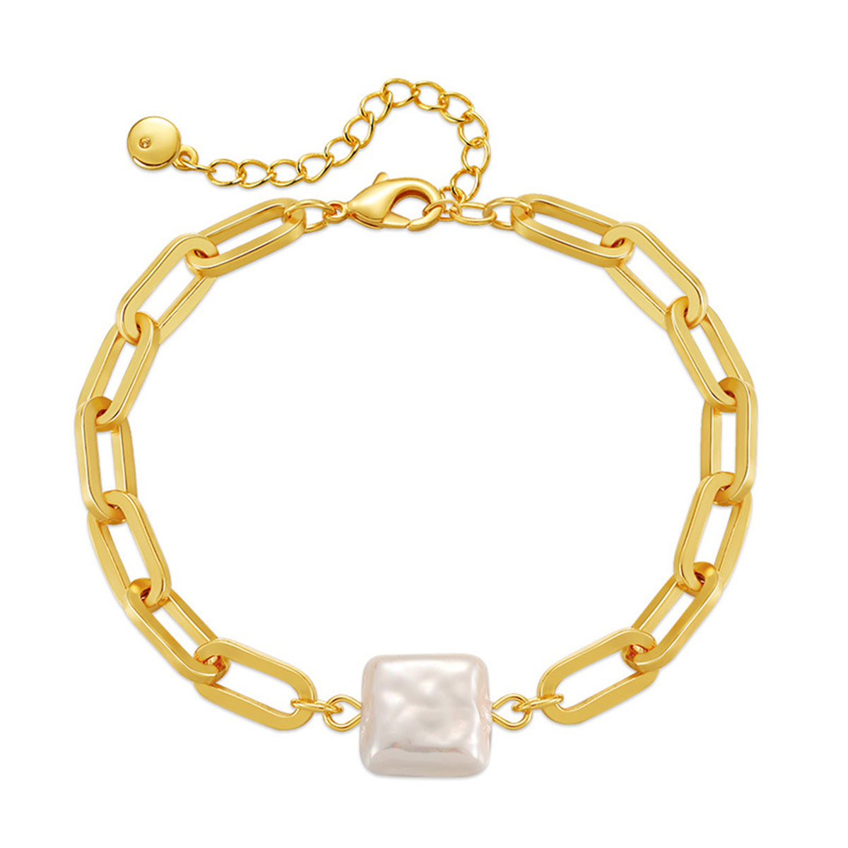 Pearl and 18K Gold-Plated Square Charm Cable Chain Bracelet, gold bracelet for women, everyday style, front view