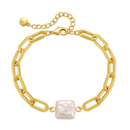 Pearl and 18K Gold-Plated Square Charm Cable Chain Bracelet, gold bracelet for women, everyday style, front view