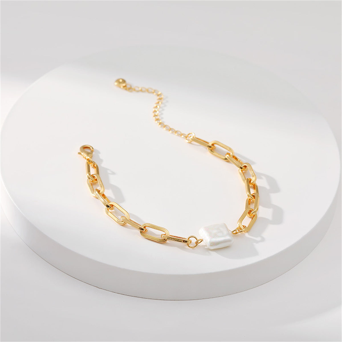 Pearl and 18K Gold-Plated Square Charm Cable Chain Bracelet, gold bracelet for women, everyday style, detail close-up