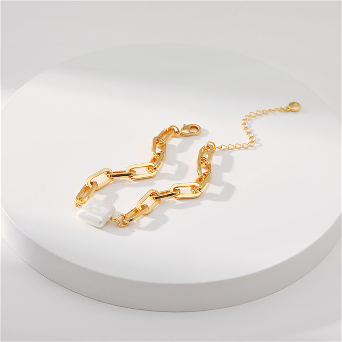 Pearl and 18K Gold-Plated Square Charm Cable Chain Bracelet, gold bracelet for women, everyday style, lifestyle look