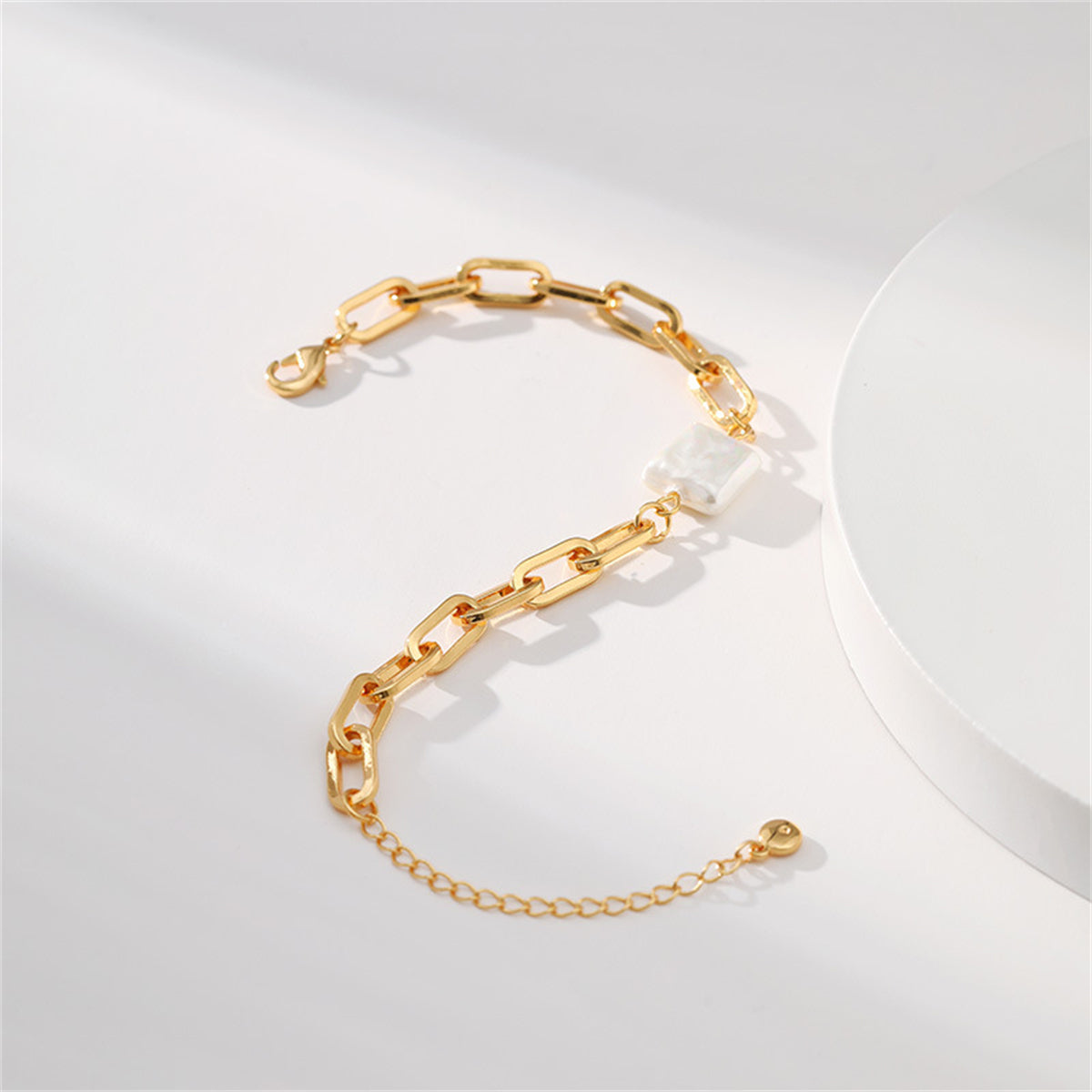 Pearl and 18K Gold-Plated Square Charm Cable Chain Bracelet, gold bracelet for women, everyday style, styled look