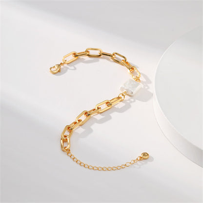 Pearl and 18K Gold-Plated Square Charm Cable Chain Bracelet, gold bracelet for women, everyday style, styled look