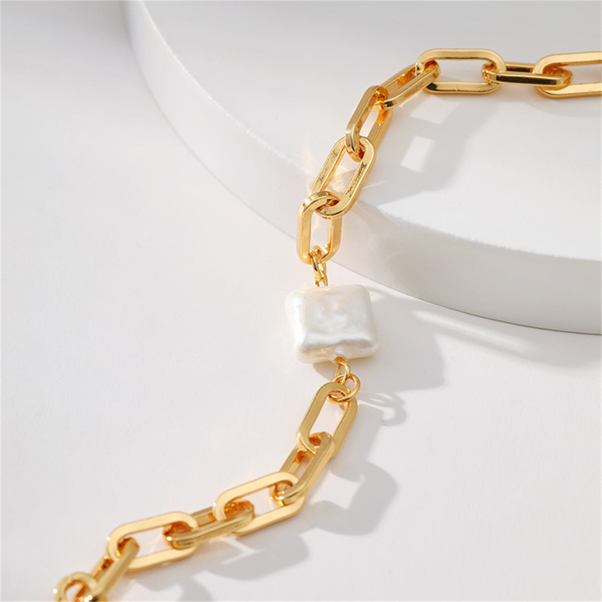 Pearl and 18K Gold-Plated Square Charm Cable Chain Bracelet, gold bracelet for women, everyday style, side view