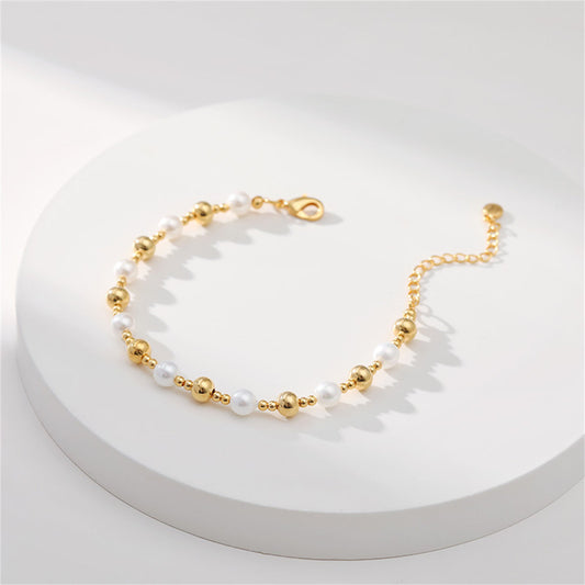 Pearl and 18K Gold-Plated Beaded Bracelet, gold bracelet for women, dainty minimalist design, front view
