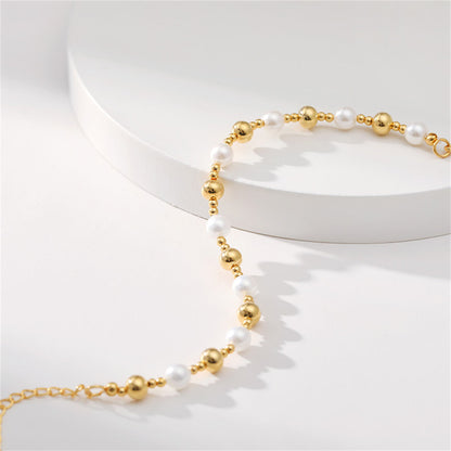 Pearl and 18K Gold-Plated Beaded Bracelet, gold bracelet for women, dainty minimalist design, styled look