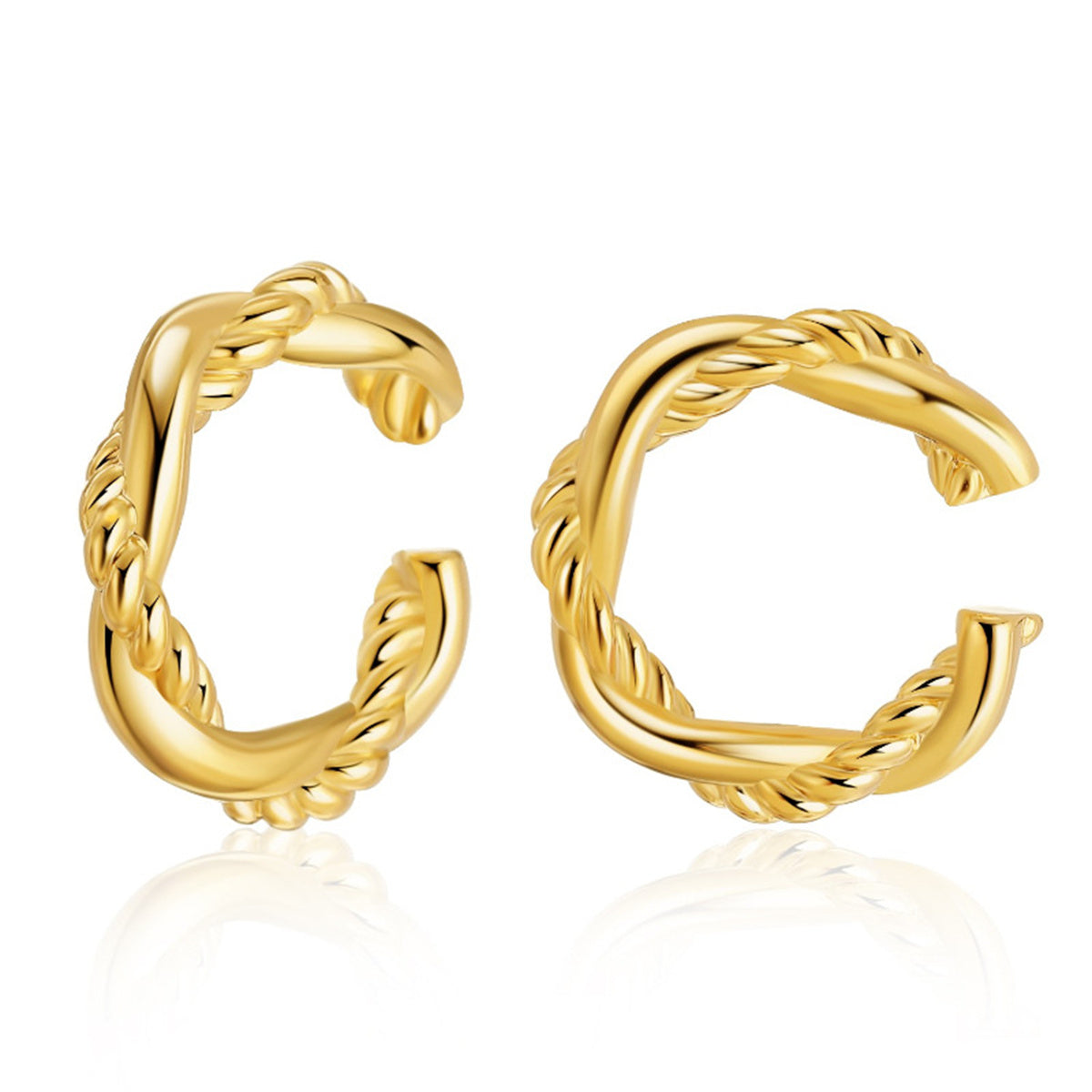 18K Gold-Plated Crossing Twine Ear Cuffs, gold stud earrings for women, vintage-inspired design, front view