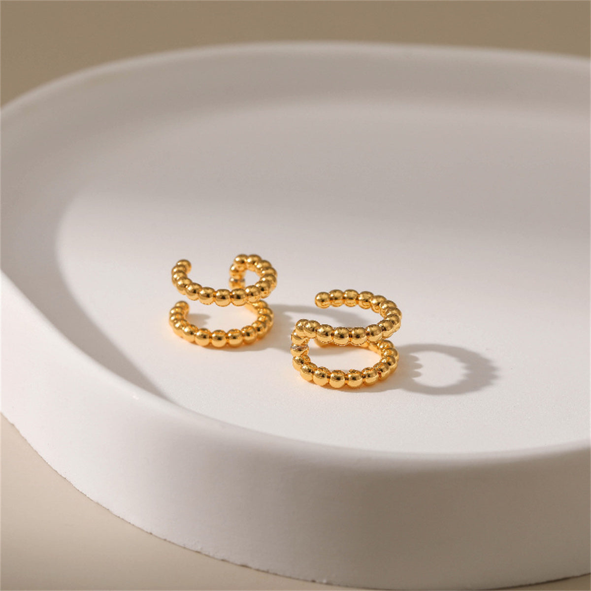 18K Gold-Plated Bead Layered Ear Cuffs, gold stud earrings for women, everyday style, detail close-up