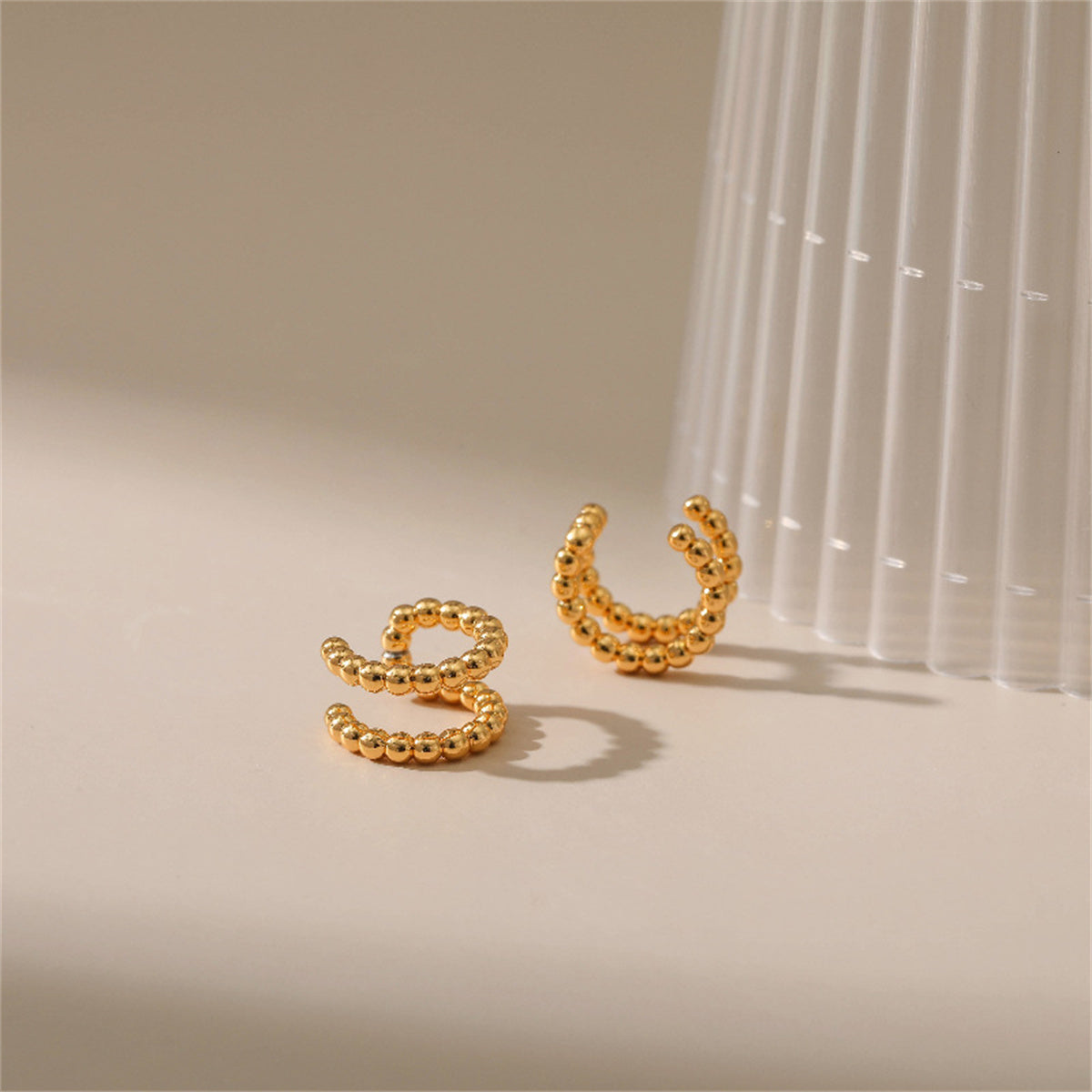 18K Gold-Plated Bead Layered Ear Cuffs, gold stud earrings for women, everyday style, side view