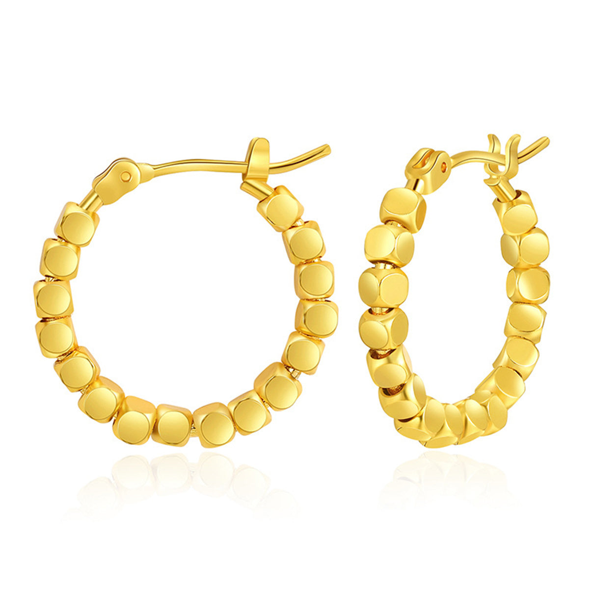 Elegant 18k gold round hoop earrings, beautifully designed with a beaded texture for a chic, timeless look.