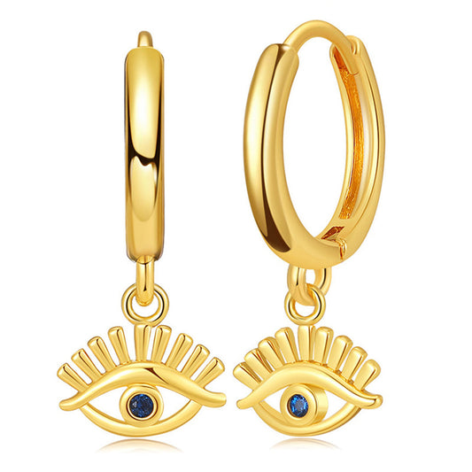 Blue Cubic Zirconia and 18K Gold-Plated Evil Eye Drop Earrings, gold huggie earrings, elegant gift for her, front view