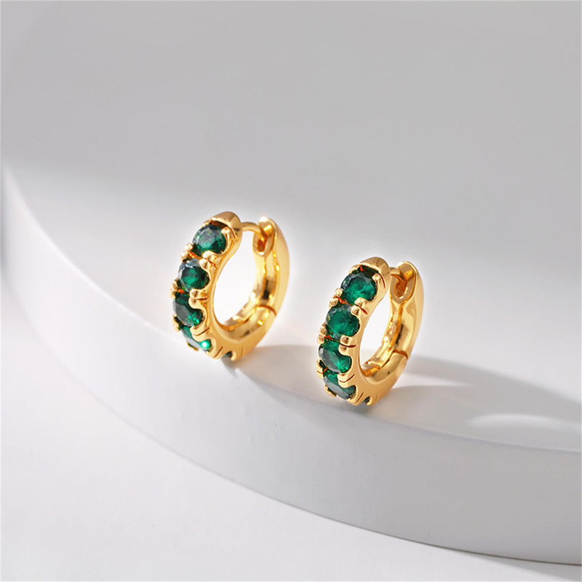 Green Cubic Zirconia & 18K Gold-Plated Huggie Earrings