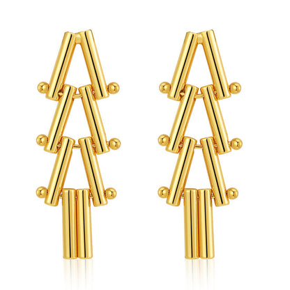 18K Gold-Plated Linked Triangle Drop Earrings, gold drop earrings for women, vintage-inspired design, front view