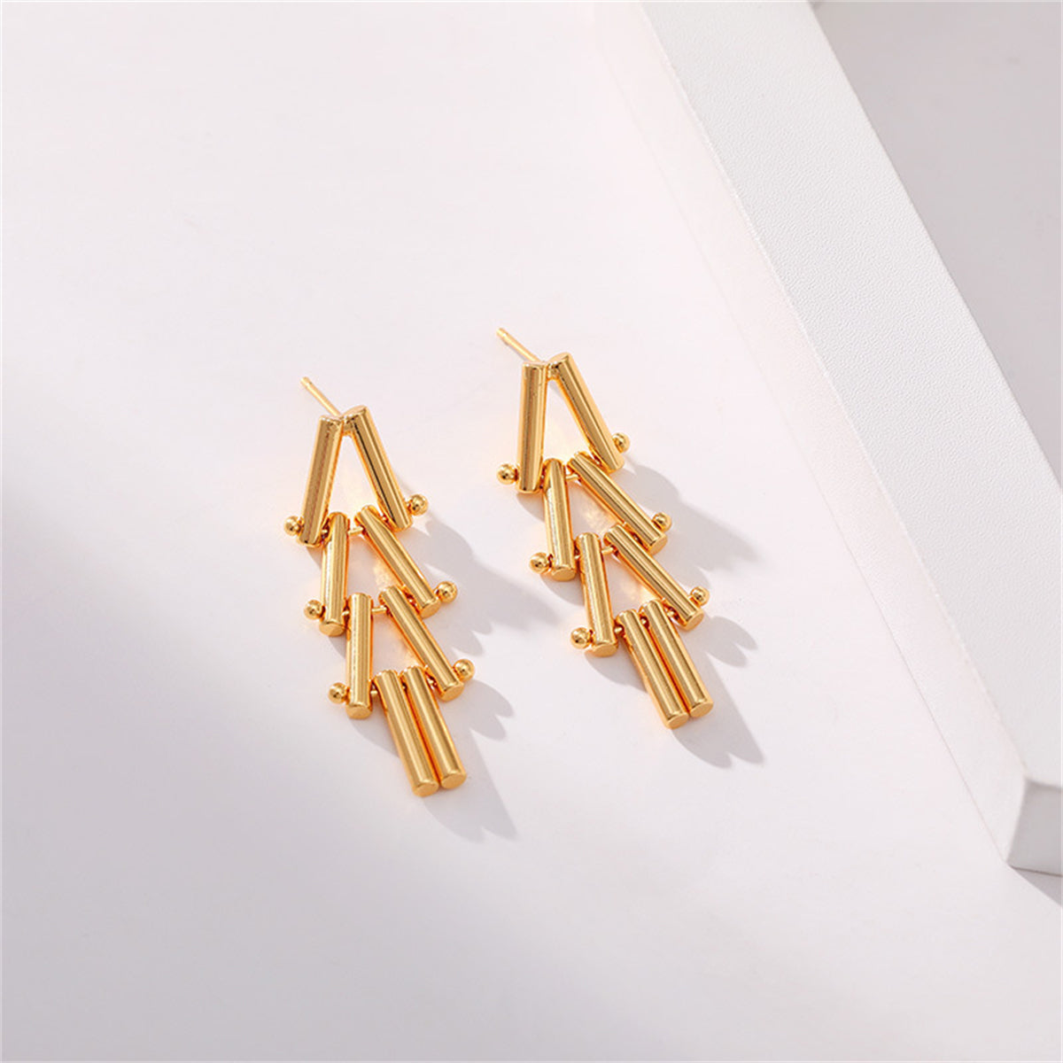 18K Gold-Plated Linked Triangle Drop Earrings, gold drop earrings for women, vintage-inspired design, lifestyle look