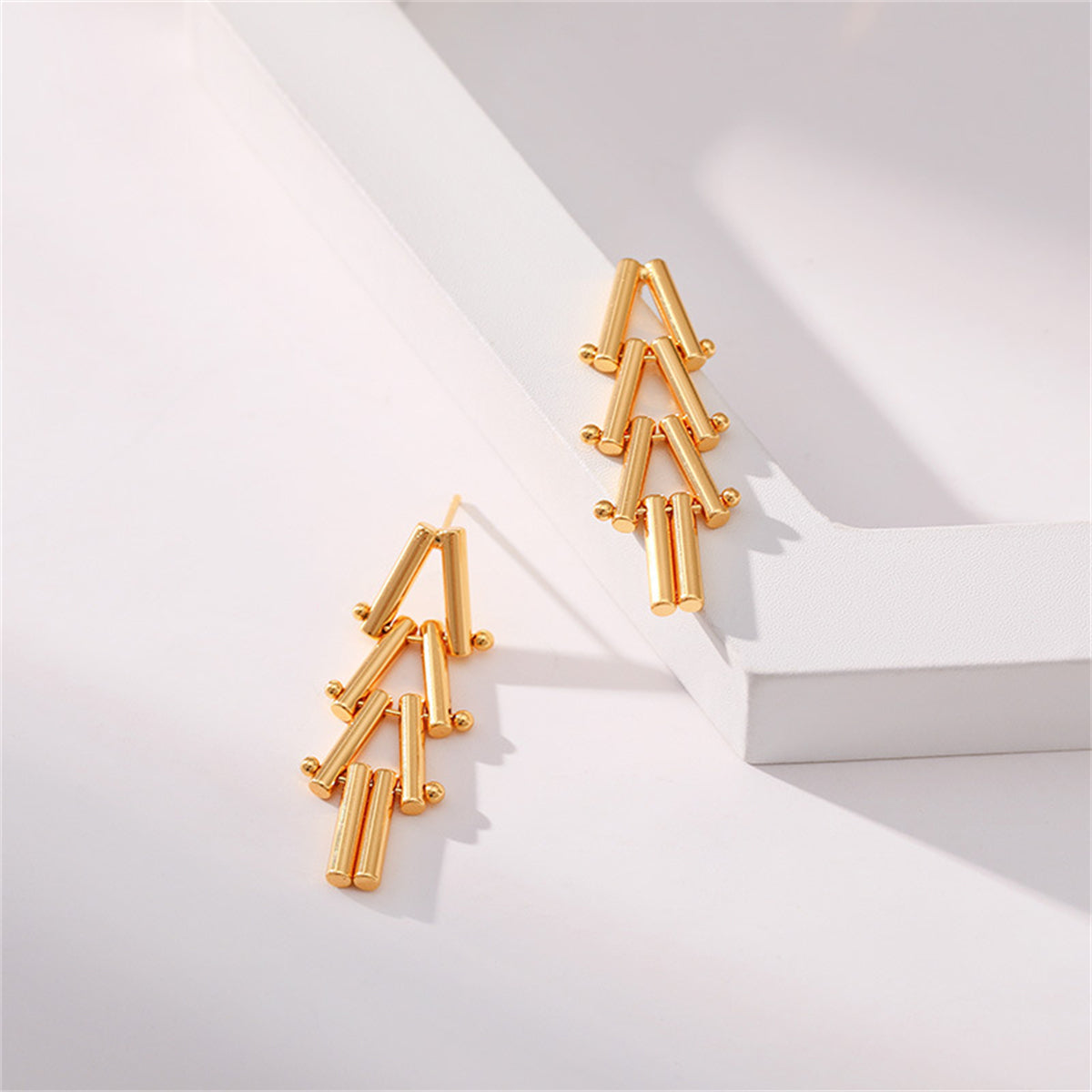 18K Gold-Plated Linked Triangle Drop Earrings, gold drop earrings for women, vintage-inspired design, styled look