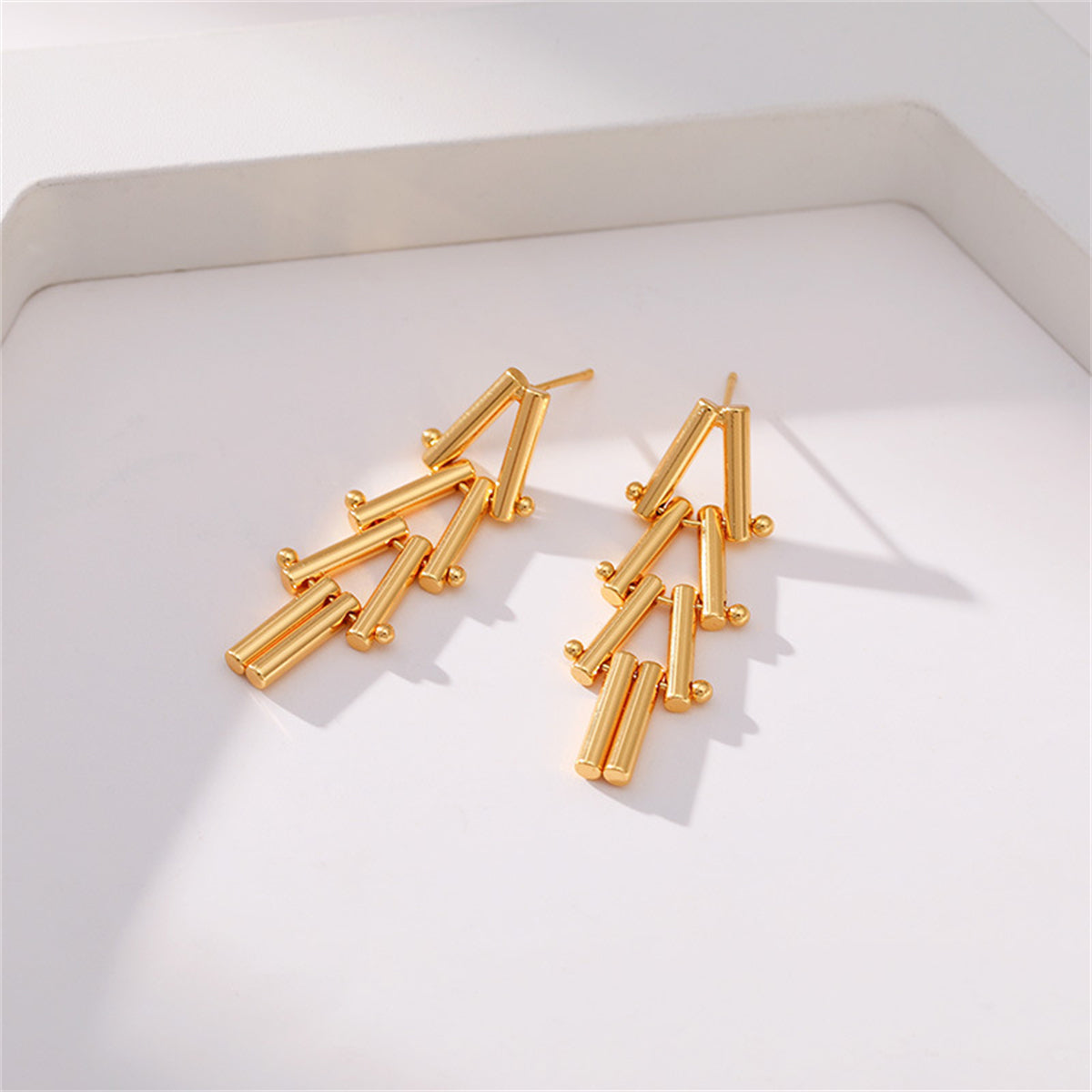 18K Gold-Plated Linked Triangle Drop Earrings, gold drop earrings for women, vintage-inspired design, side view