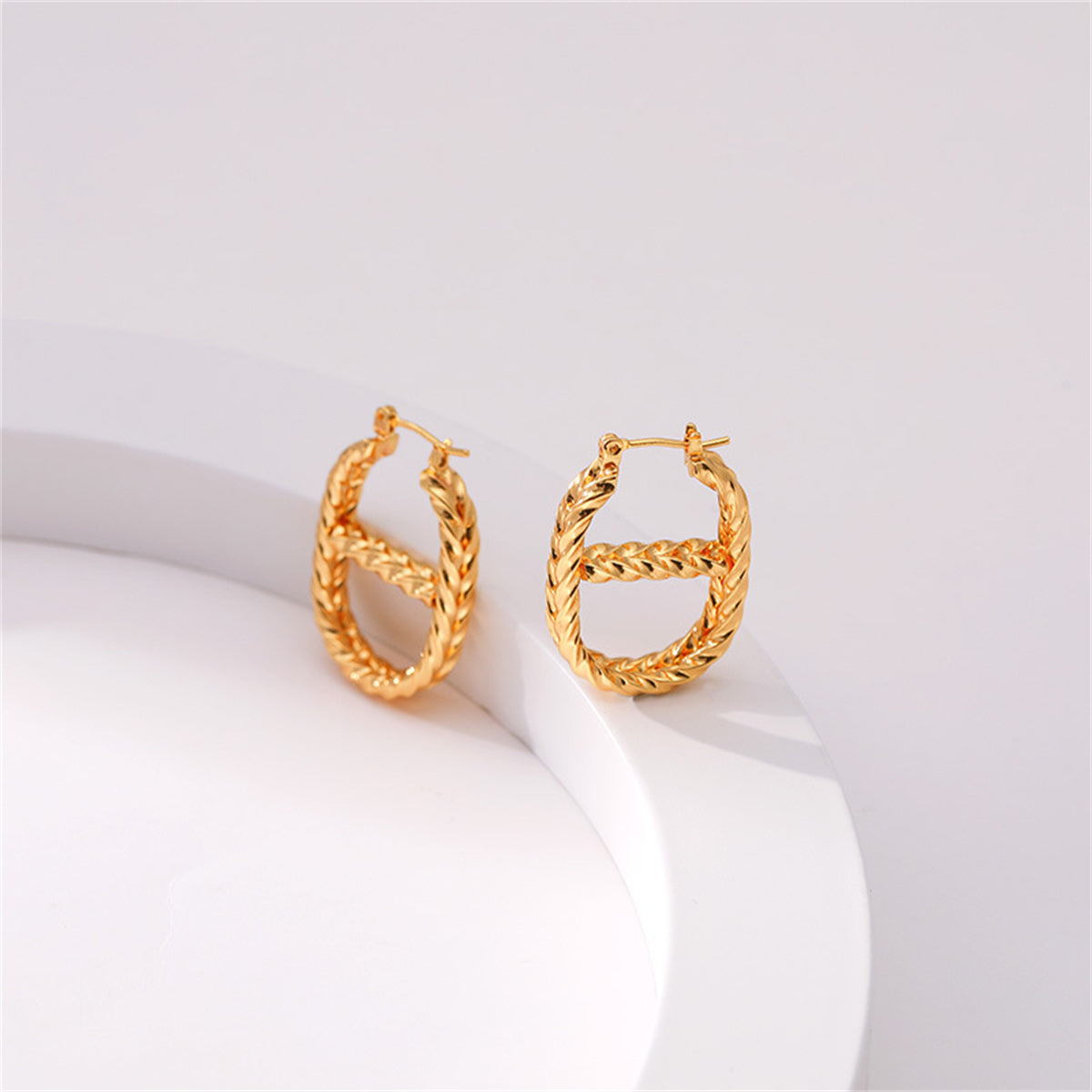 18K Gold-Plated Twine Oval Huggie Earrings, gold huggie earrings, everyday style, detail close-up