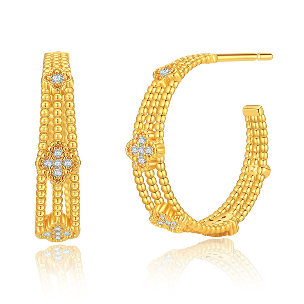 Clear Cubic Zirconia & 18K Gold-Plated Flower Bead Huggie Earrings