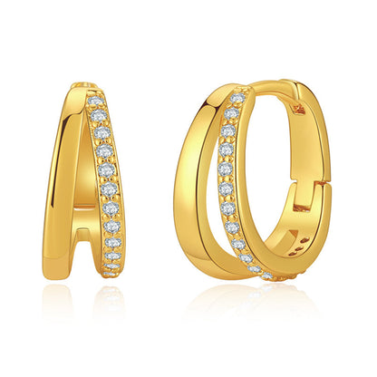 Cubic Zirconia and 18K Gold-Plated V-Shape Huggie Earrings, gold huggie earrings, dainty minimalist design, front view