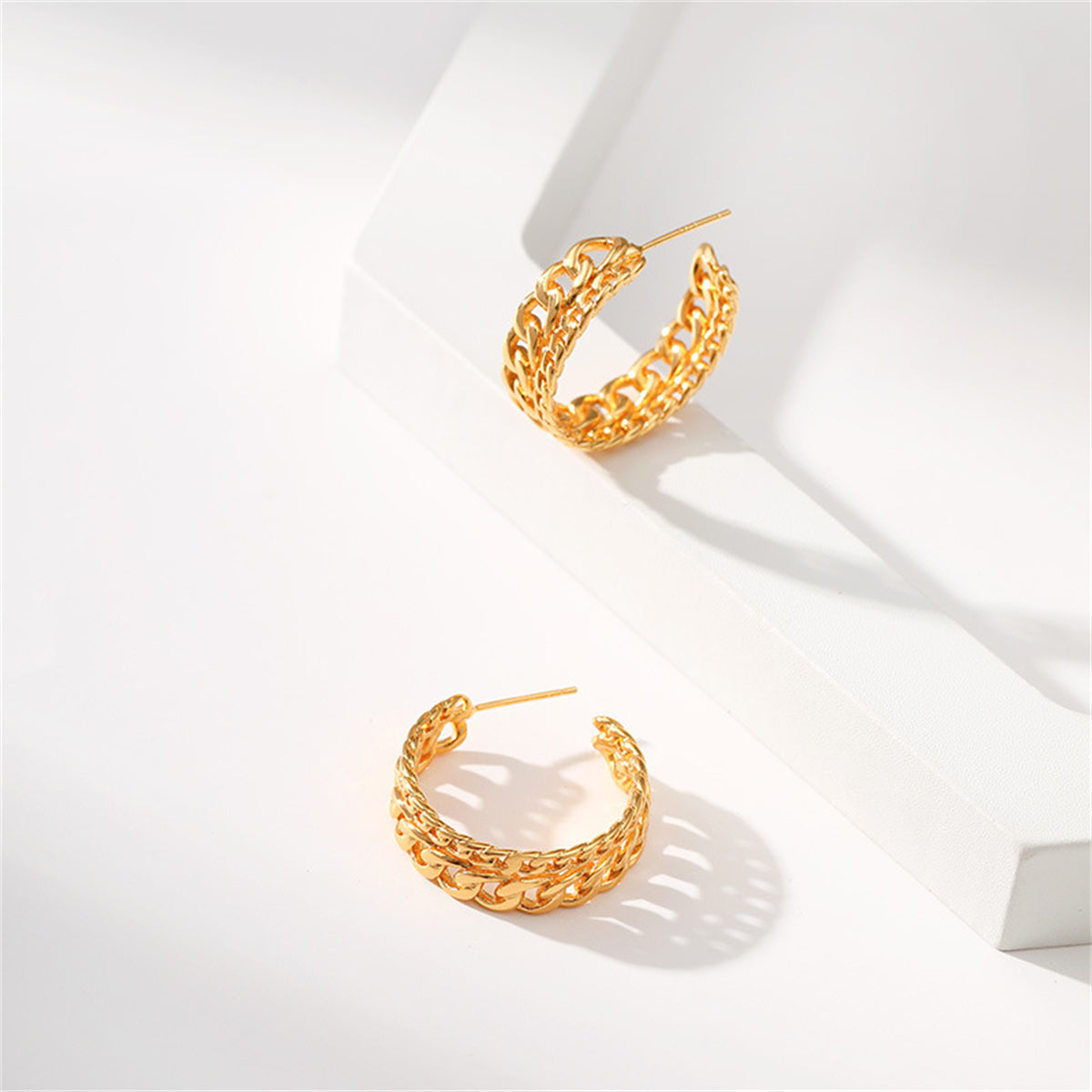 18K Gold-Plated Curb Chain Layered Huggie Earrings