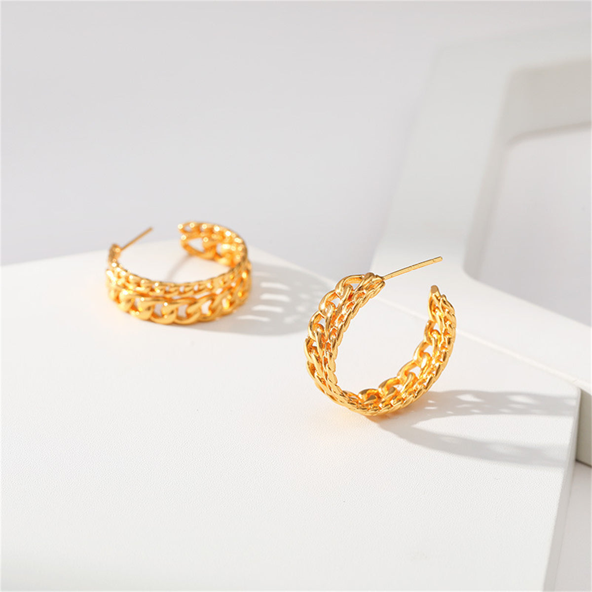 18K Gold-Plated Curb Chain Layered Huggie Earrings