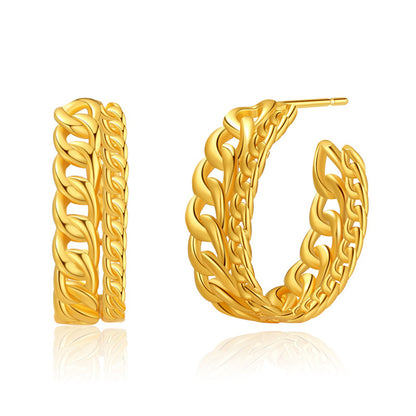 18K Gold-Plated Curb Chain Layered Huggie Earrings, gold huggie earrings, dainty minimalist design, side view