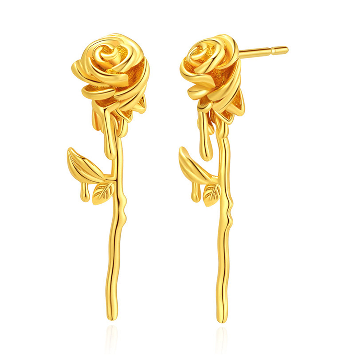A pair of 18K gold-plated rose drop earrings, elegantly designed with a delicate rose motif.