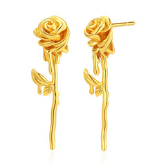 A pair of 18K gold-plated rose drop earrings, elegantly designed with a delicate rose motif.