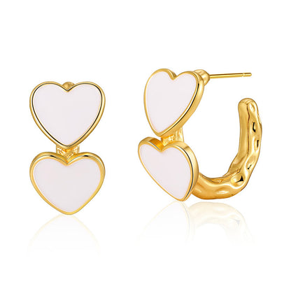 White Enamel & 18K Gold-Plated Heart Huggie Earrings