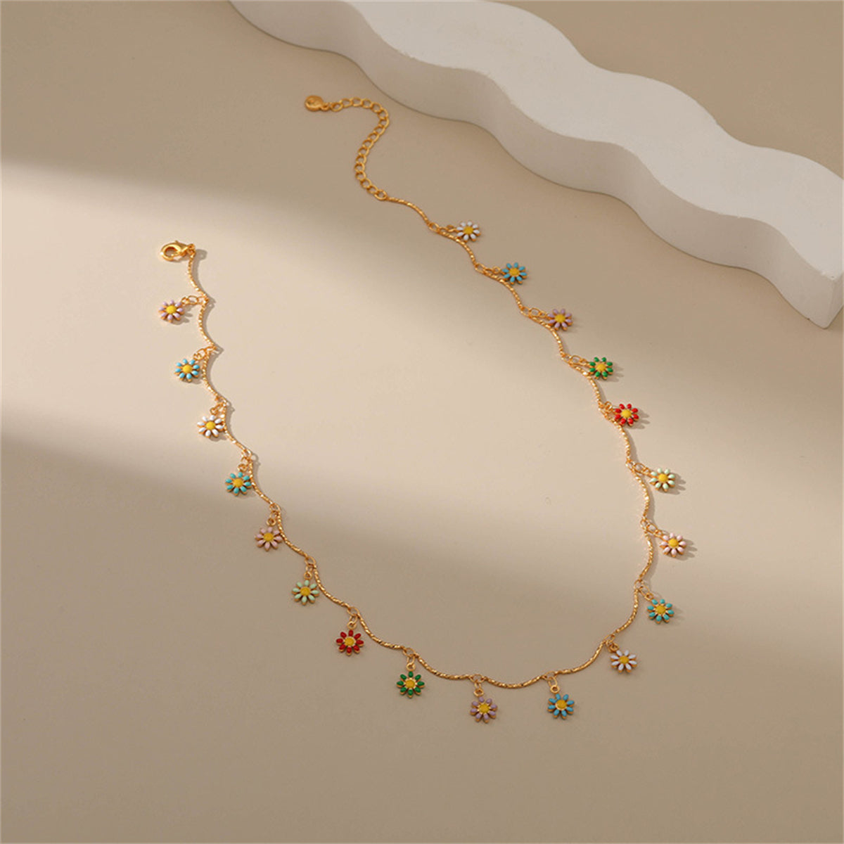 Vibrant Enamel & 18K Gold-Plated Daisy Charm Station Necklace