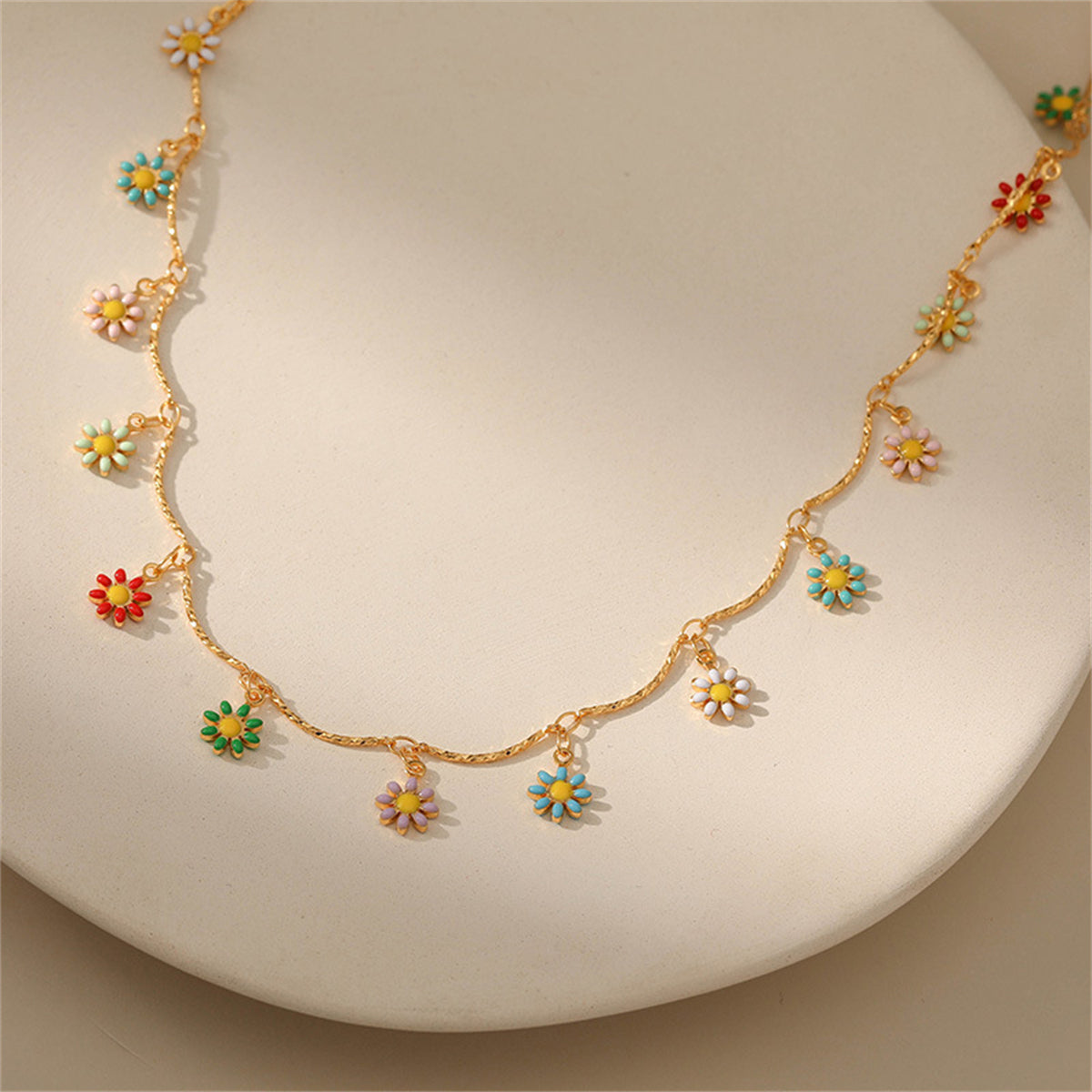 Vibrant Enamel & 18K Gold-Plated Daisy Charm Station Necklace
