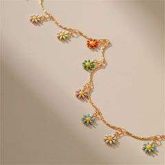 Vibrant Enamel & 18K Gold-Plated Daisy Charm Station Necklace