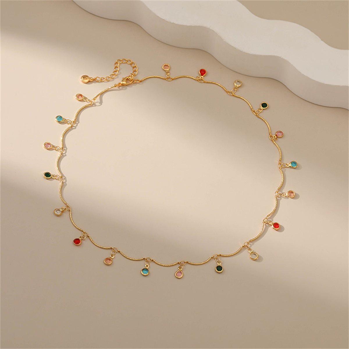 Rainbow Crystal and 18K Gold-Plated Tassel Necklace, gold pendant necklace for women, botanical inspired, detail close-up