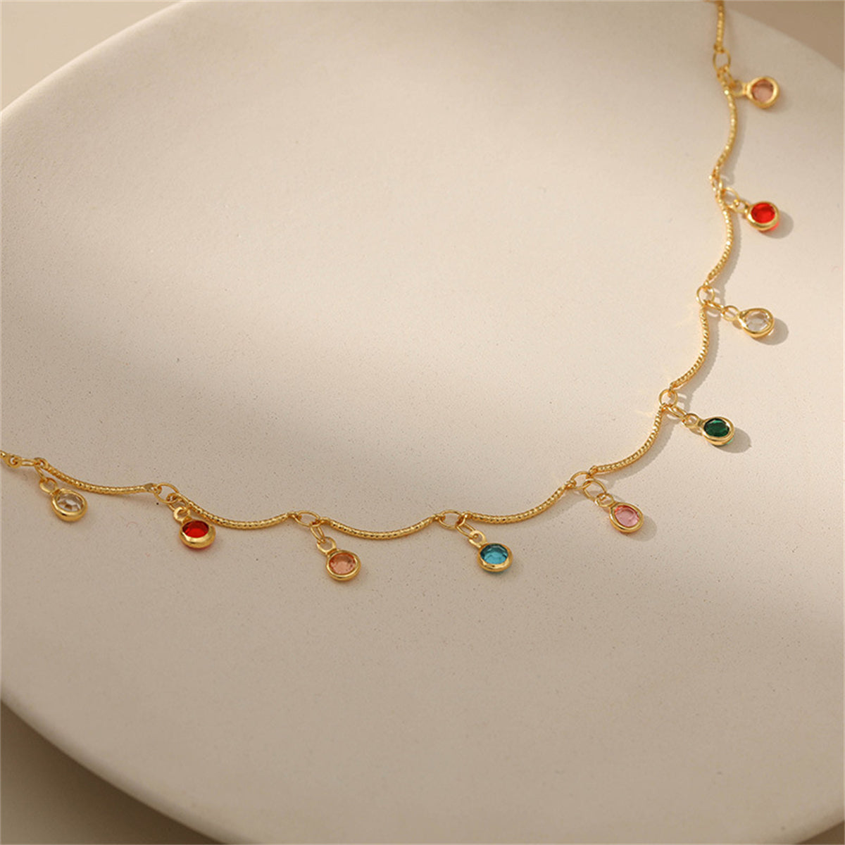 Rainbow Crystal and 18K Gold-Plated Tassel Necklace, gold pendant necklace for women, botanical inspired, side view