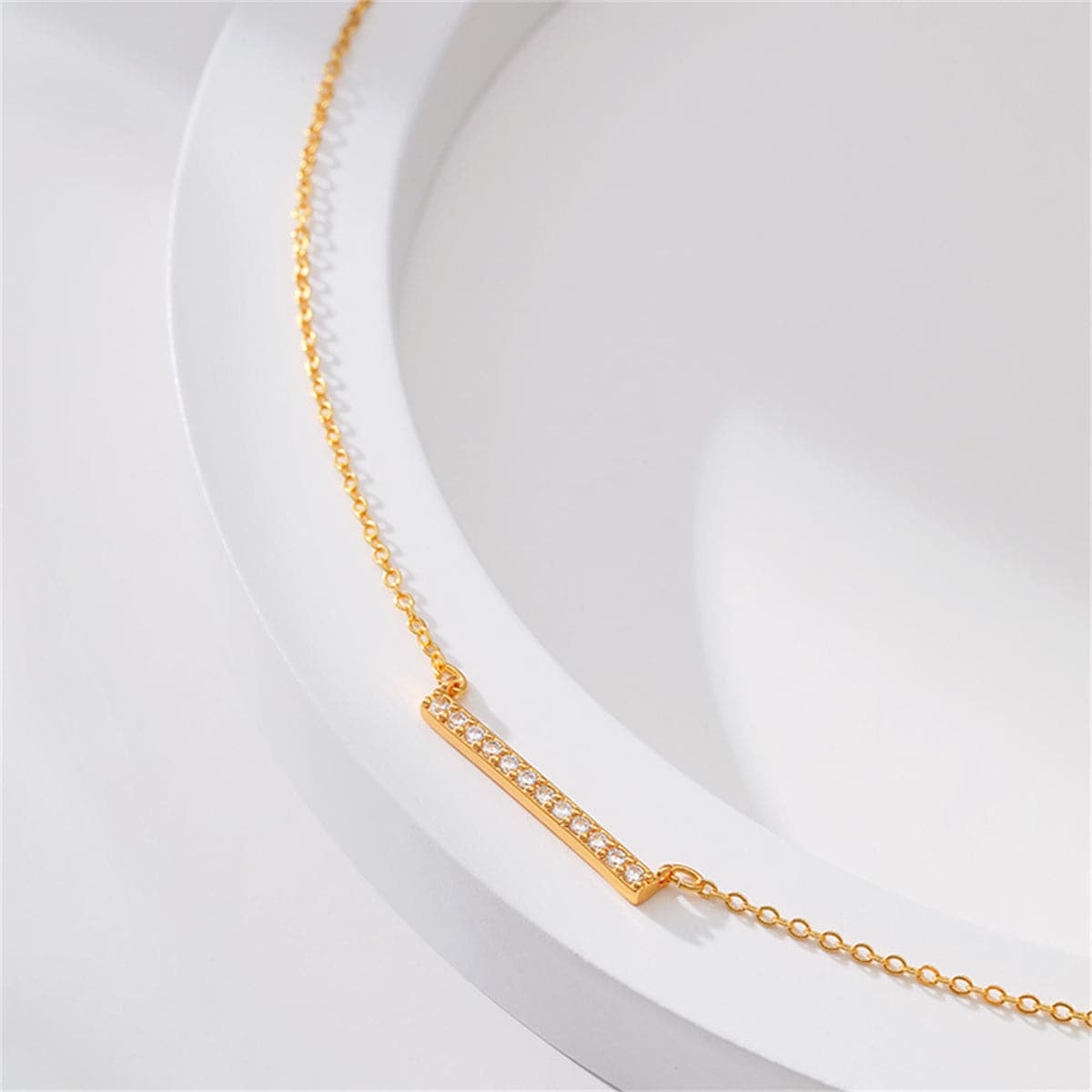 Cubic Zirconia and 18K Gold-Plated Bar Pendant Necklace, gold pendant necklace for women, botanical inspired, side view