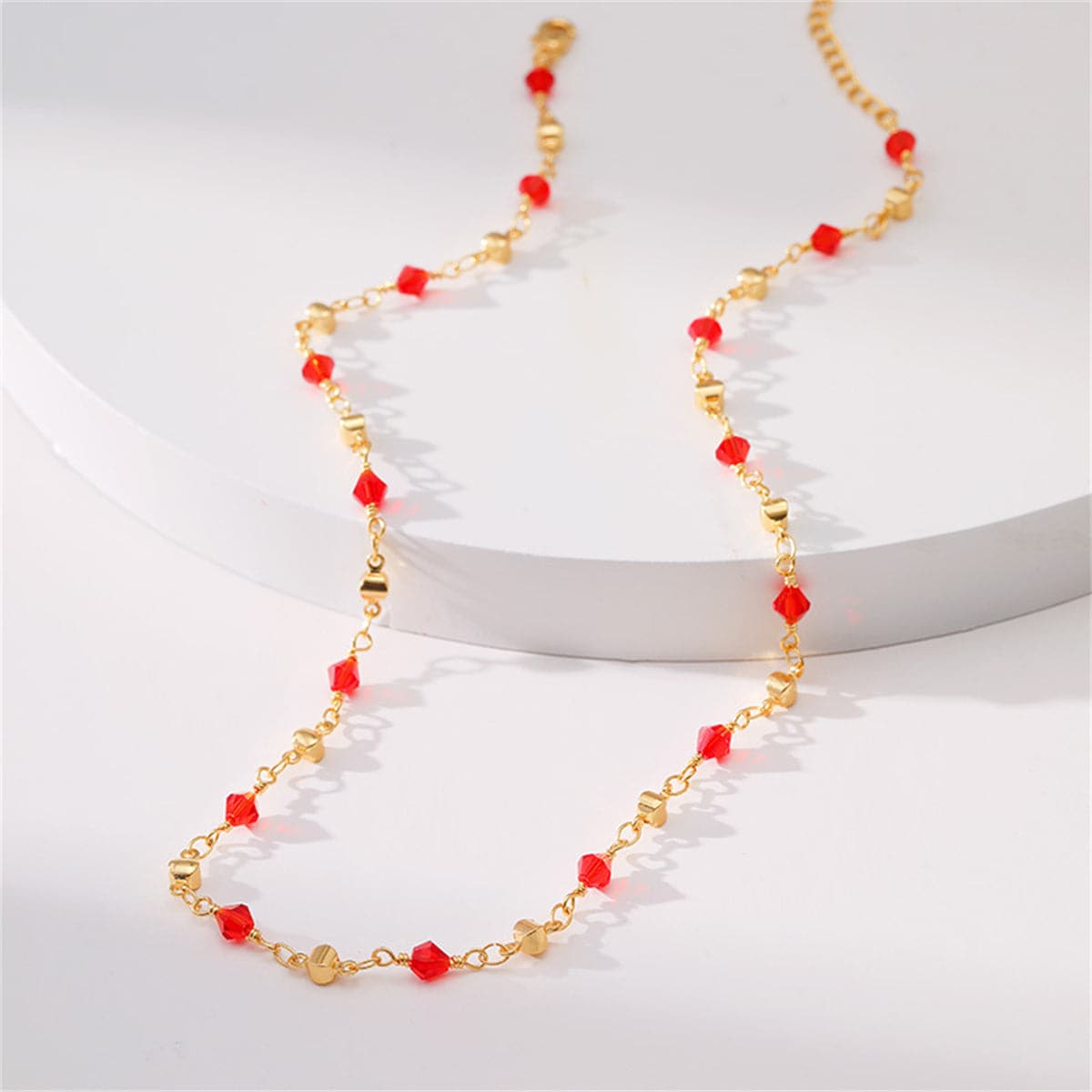 Red Acrylic and 18K Gold-Plated Station Necklace, gold pendant necklace for women, vintage-inspired design, side view