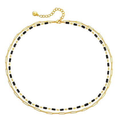 Black Acrylic and 18K Gold-Plated Layered Chain Necklace, gold pendant necklace for women, botanical inspired, side view