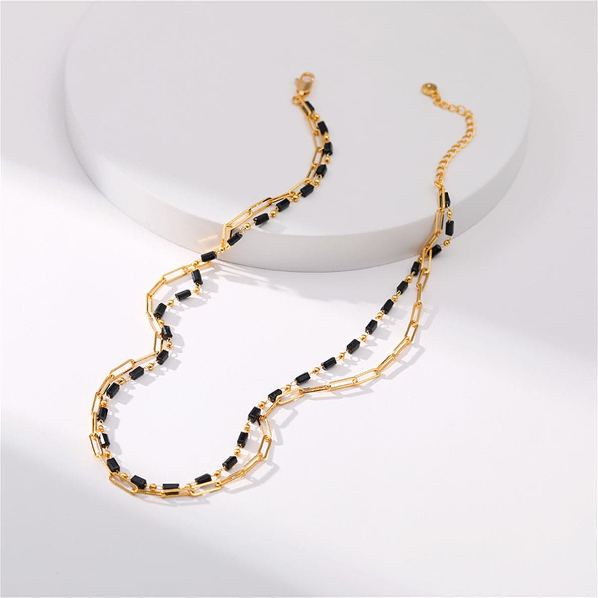 Black Acrylic and 18K Gold-Plated Layered Chain Necklace, gold pendant necklace for women, botanical inspired, front view
