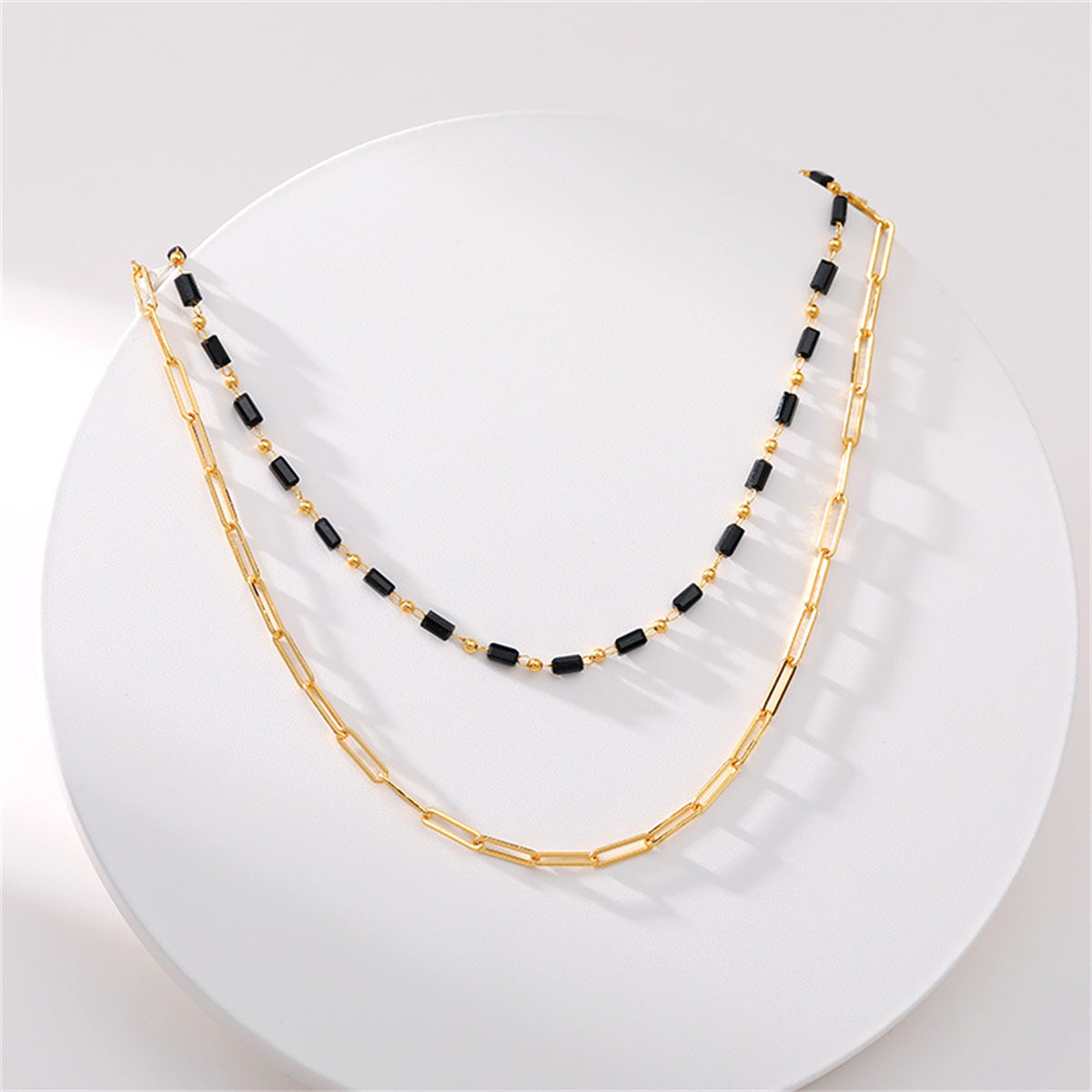 Black Acrylic and 18K Gold-Plated Layered Chain Necklace, gold pendant necklace for women, botanical inspired, lifestyle look