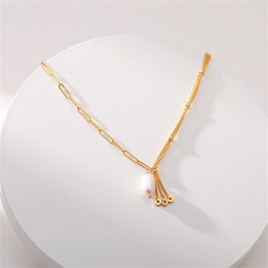 Pearl and 18K Gold-Plated Multi-Chain Pendant Necklace, gold pendant necklace for women, botanical inspired, front view