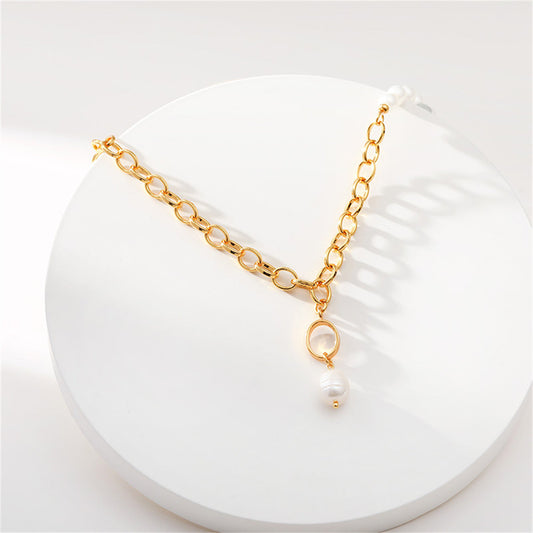 Pearl and 18K Gold-Plated Chain-Accent Pendant Necklace, gold pendant necklace for women, elegant gift for her, front view