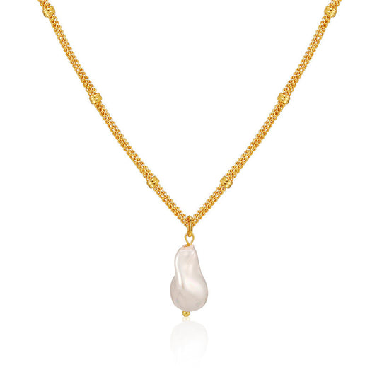 Pearl and 18K Gold-Plated Layered Chain Pendant Necklace, gold pendant necklace for women, botanical inspired, front view