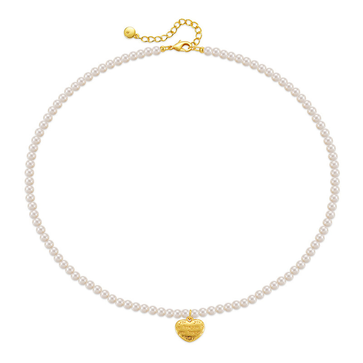 A delicate white pearl necklace with a gold heart charm, highlighted by an 18K gold-plated 'Love You' pendant.
