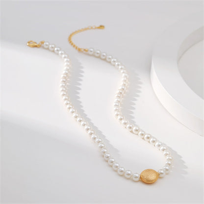 Pearl and 18K Gold-Plated Frosted Round Pendant Necklace, gold pendant necklace for women, front view