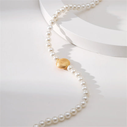 Pearl and 18K Gold-Plated Frosted Round Pendant Necklace, gold pendant necklace for women, detail close-up