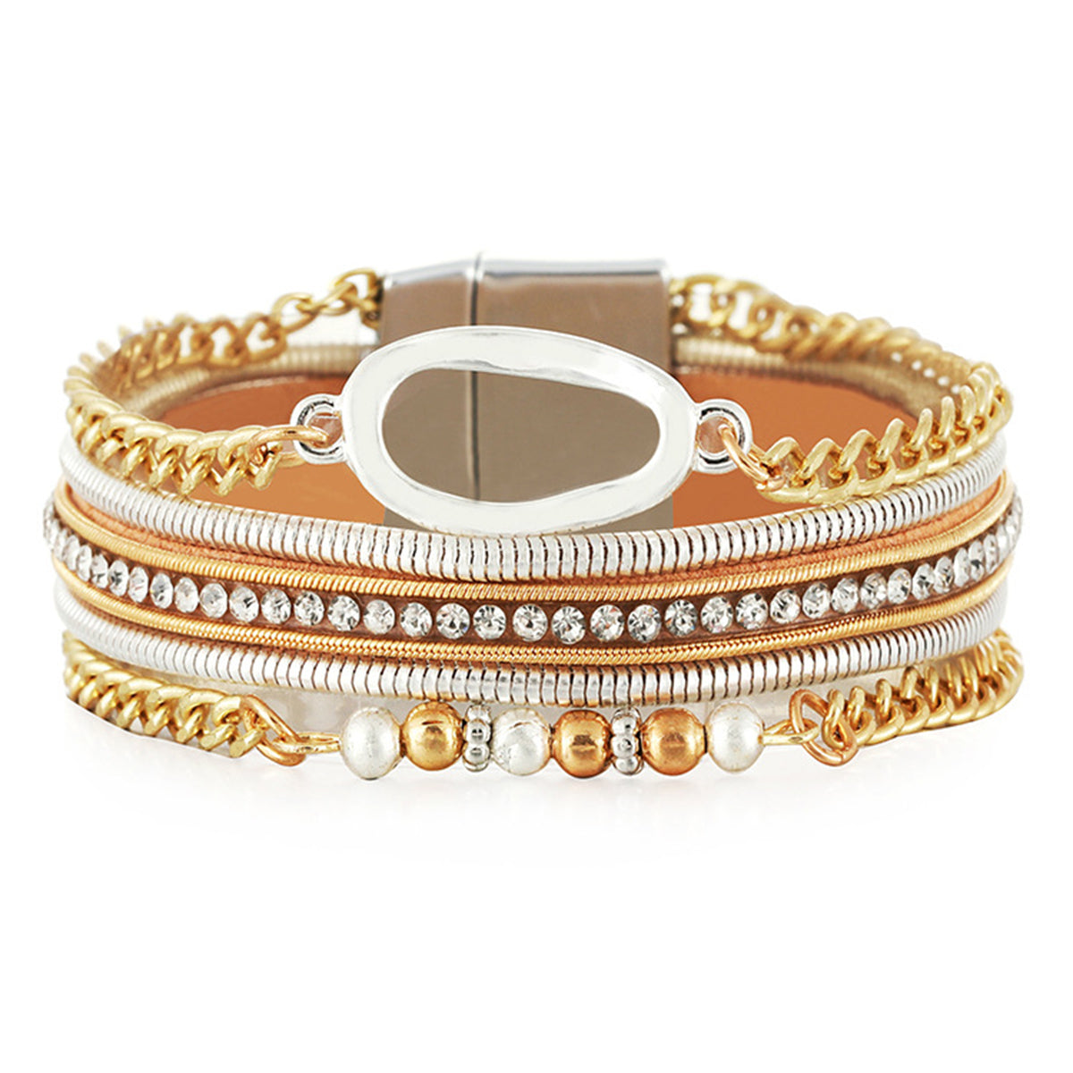 Cubic Zirconia and Polystyrene Pearl Two-Tone Strand Bracelet, bracelet for women, botanical inspired, front view