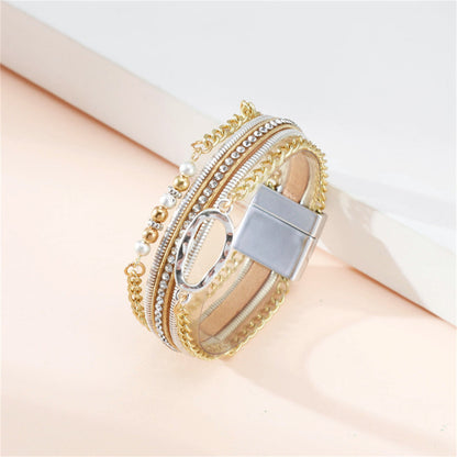 Cubic Zirconia and Polystyrene Pearl Two-Tone Strand Bracelet, bracelet for women, botanical inspired, side view