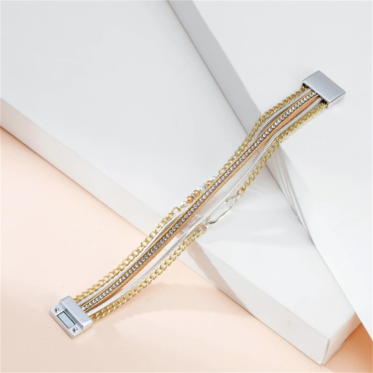 Cubic Zirconia and Polystyrene Pearl Two-Tone Strand Bracelet, bracelet for women, botanical inspired, lifestyle look